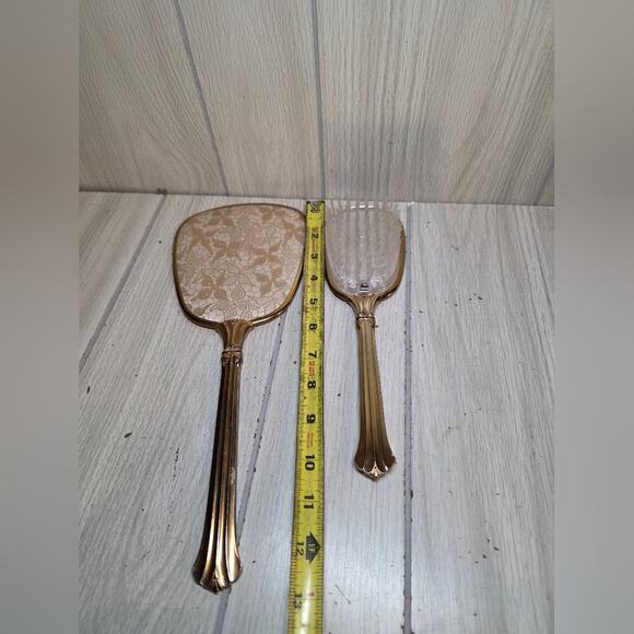 Vtg Handheld Victorian Vanity Dresser Mirror And Brush Set USA Made Gold Lace - Picture 3 of 6